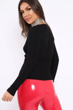 Rebellious Fashion Black Ribbed Thin Knit Wrap Top - Jordi