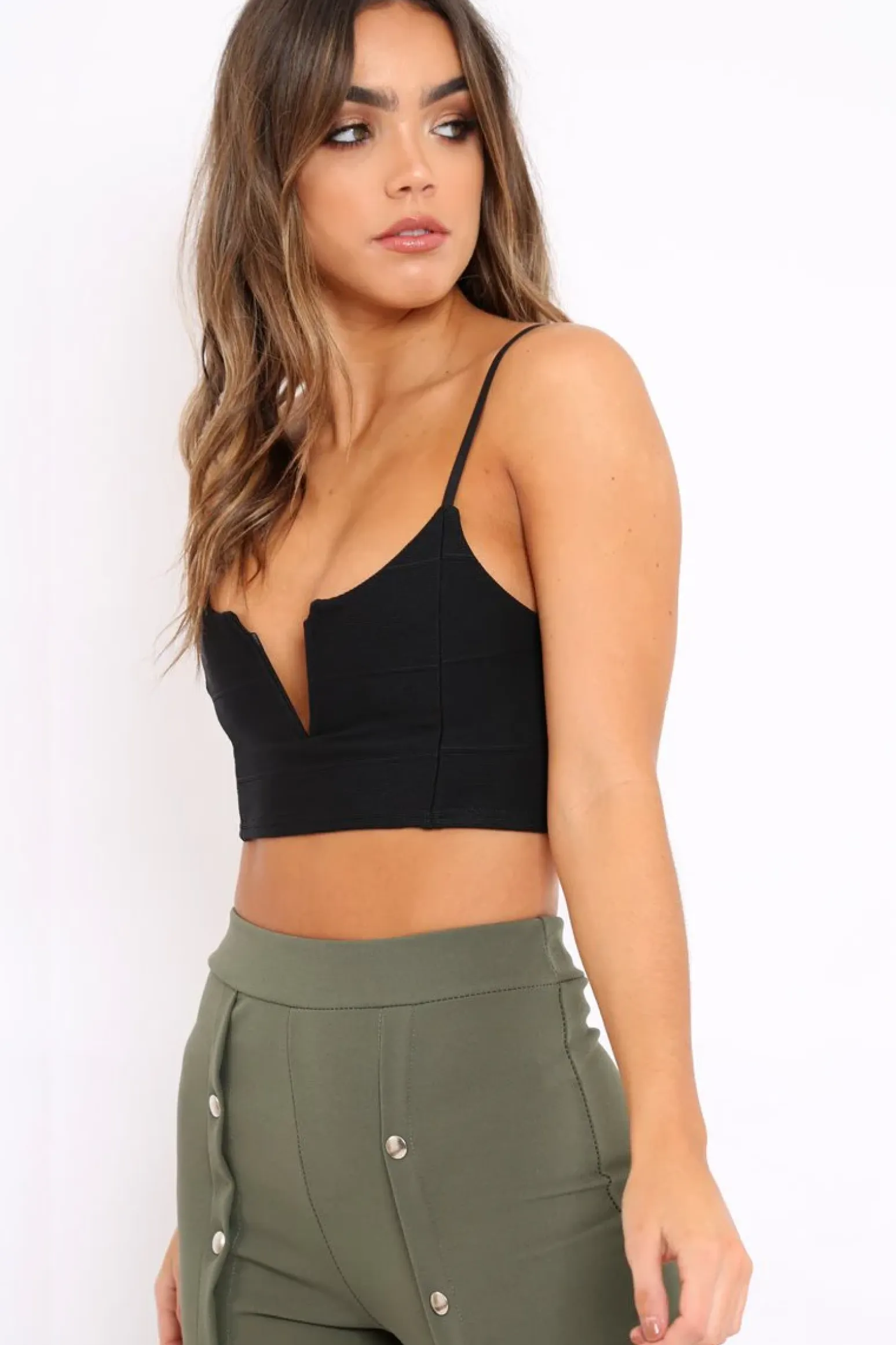 Rebellious Fashion Black Ribbed V Cut Crop Top - Cordelia