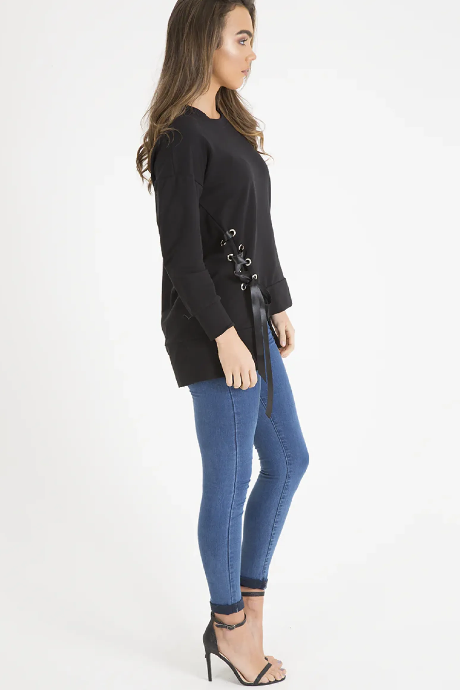 Rebellious Fashion Black Ribbon Lace Up Dipped Hem Jumper - Wilma