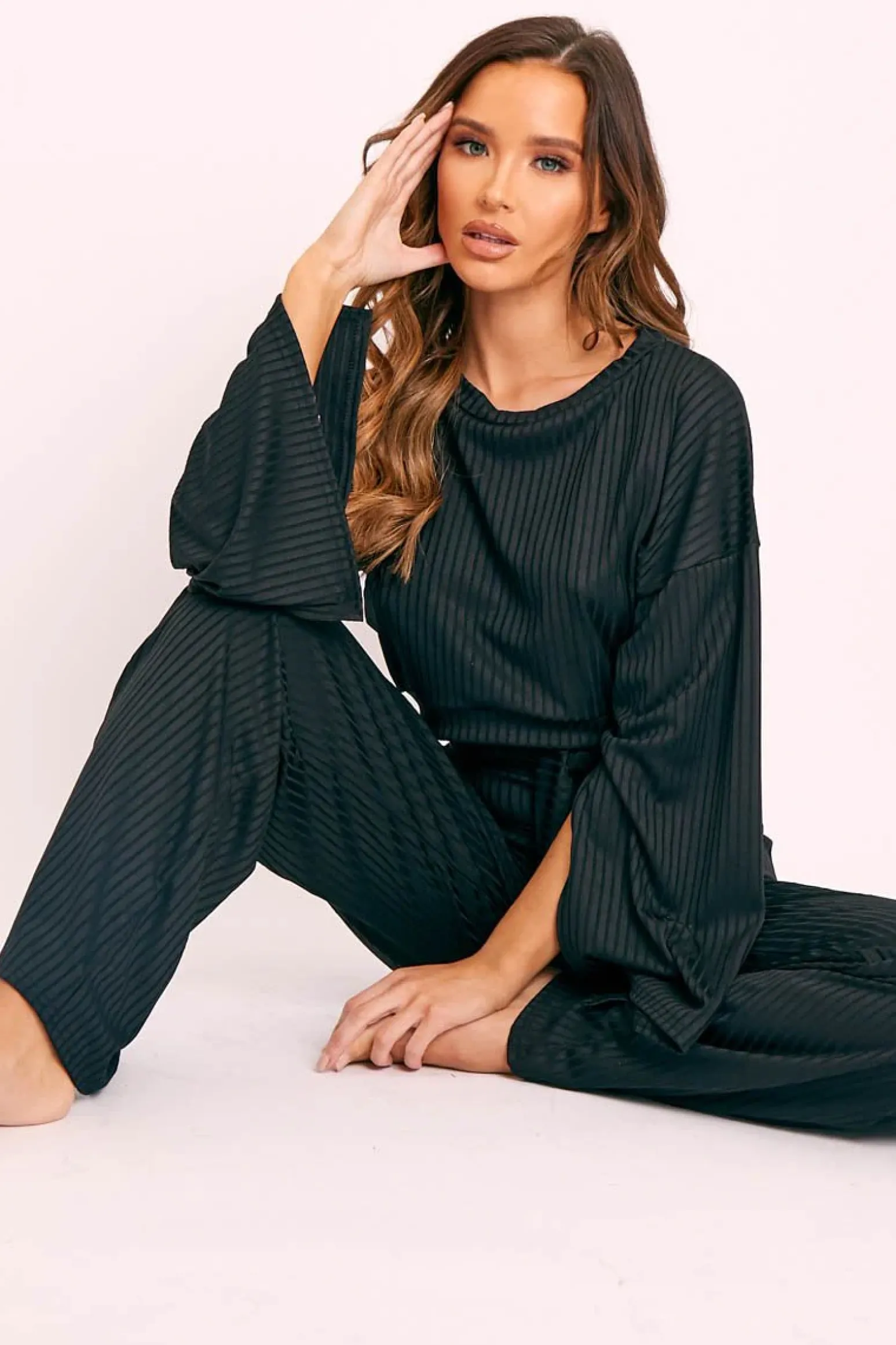 Rebellious Fashion Black Rib Crop Jumper Tie Wide Leg Trousers Loungewear Co-Ord - Mirabel