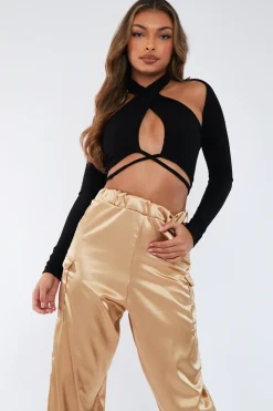 Rebellious Fashion Black Rib Halterneck Two Piece Crop Top - Avan