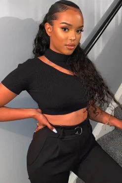 Rebellious Fashion Black Rib High Neck Crop Top - Talina