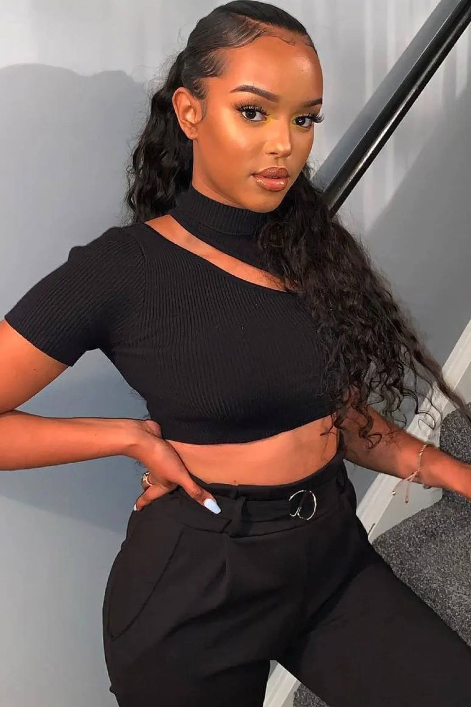 Rebellious Fashion Black Rib High Neck Crop Top - Talina