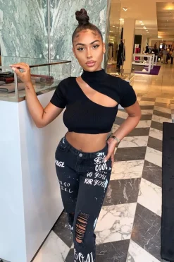 Rebellious Fashion Black Rib High Neck Crop Top - Talina