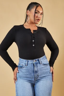 Rebellious Fashion Black Rib Knit Button Up Front Bodysuit - Scottie