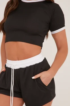 Rebellious Fashion Black Rib Knit Contrast Binding Top & Shorts Co-ord Set - Felipa