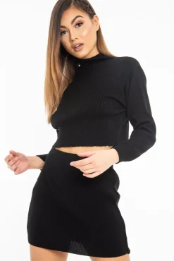 Rebellious Fashion Black Rib Knit Crop Jumper Mini Skirt Co-Ord - Katie