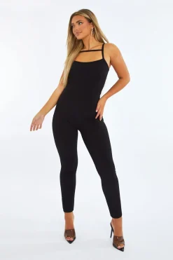 Rebellious Fashion Black Rib Knit Cut Out Jumpsuit - Tamsin