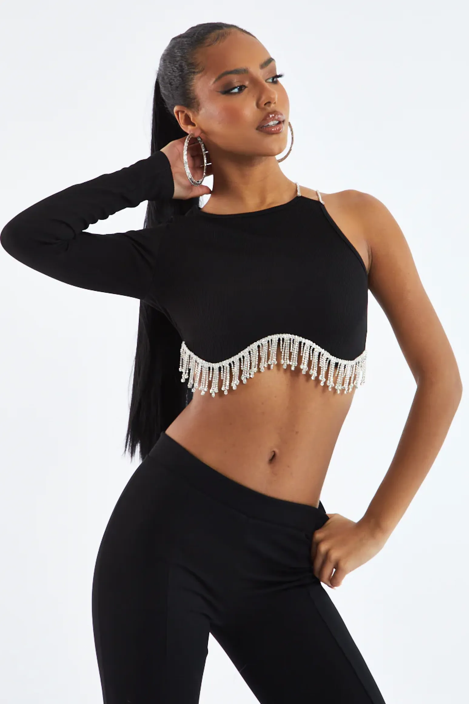 Rebellious Fashion Black Rib Knit Diamante Detail One Sleeve Cropped Top - Aina