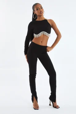 Rebellious Fashion Black Rib Knit Diamante Detail One Sleeve Cropped Top - Aina
