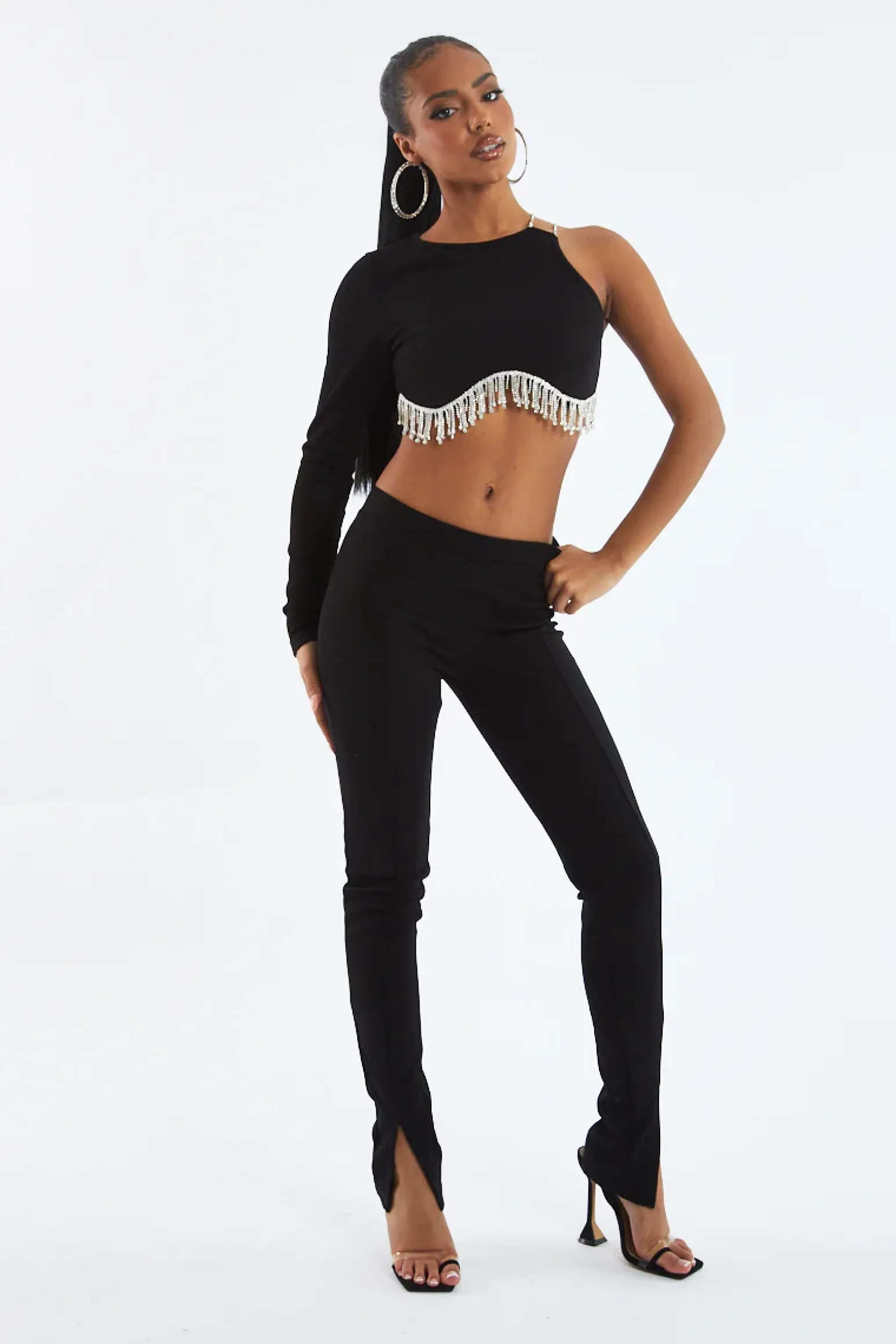 Rebellious Fashion Black Rib Knit Diamante Detail One Sleeve Cropped Top - Aina