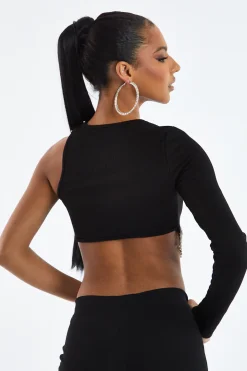 Rebellious Fashion Black Rib Knit Diamante Detail One Sleeve Cropped Top - Aina
