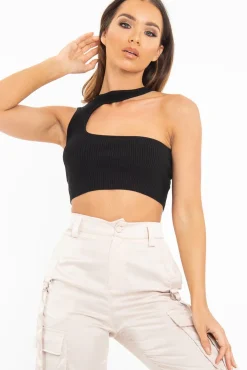 Rebellious Fashion Black Rib Knit High Neck Cut Out Crop Top - Lucey