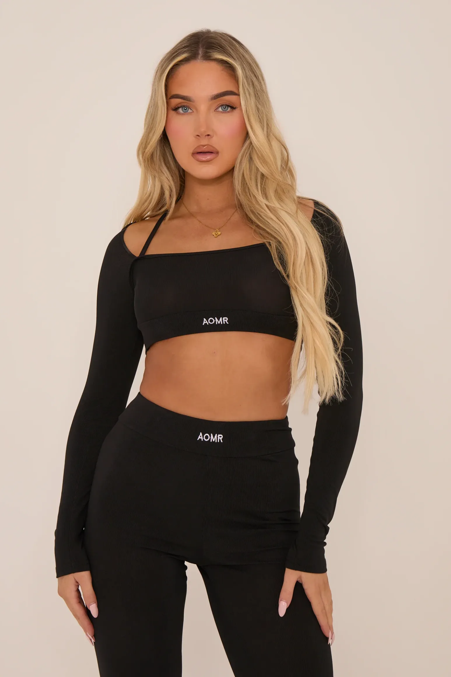 Rebellious Fashion Black Rib Knit Long sleeves Cropped Top & Leggings Co-ord Set - Fia