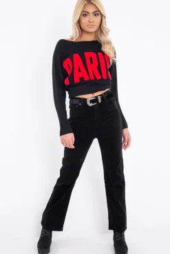 Rebellious Fashion Black Rib Knit Paris Slogan Jumper - Khylah