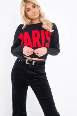 Rebellious Fashion Black Rib Knit Paris Slogan Jumper - Khylah