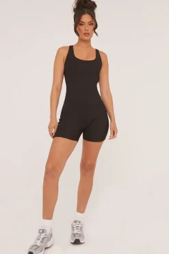 Rebellious Fashion Black Rib Knit Racer Back Unitard - Lexi