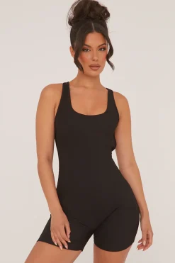 Rebellious Fashion Black Rib Knit Racer Back Unitard - Lexi