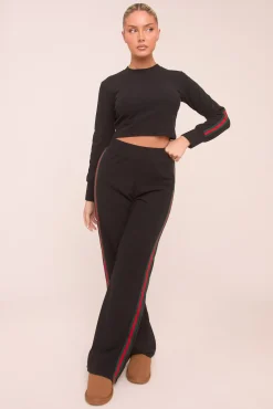 Rebellious Fashion Black Rib Knit Stripe Detail Crop Top & Straight Leg Trouser Co-ord Set Set - Donna