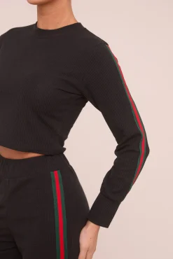 Rebellious Fashion Black Rib Knit Stripe Detail Crop Top & Straight Leg Trouser Co-ord Set Set - Donna