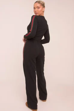 Rebellious Fashion Black Rib Knit Stripe Detail Crop Top & Straight Leg Trouser Co-ord Set Set - Donna