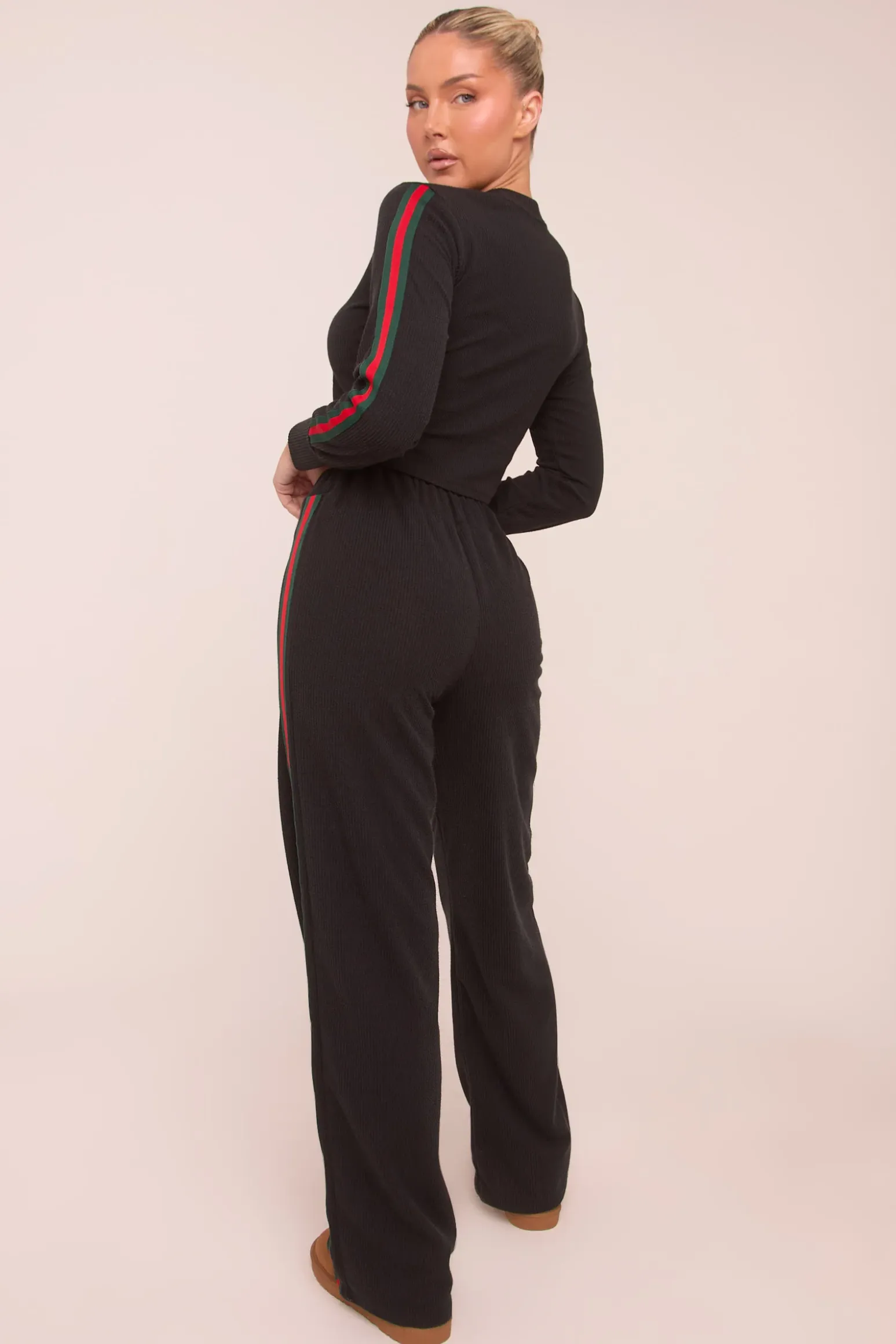 Rebellious Fashion Black Rib Knit Stripe Detail Crop Top & Straight Leg Trouser Co-ord Set Set - Donna
