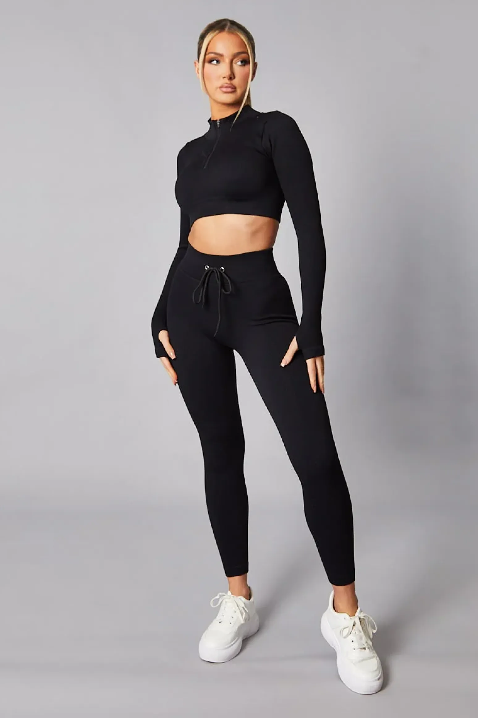 Rebellious Fashion Black Rib Knit Zip Front Crop Top & Leggings Set - Nico