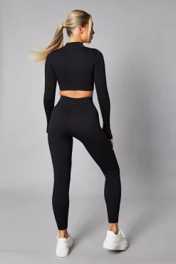 Rebellious Fashion Black Rib Knit Zip Front Crop Top & Leggings Set - Nico