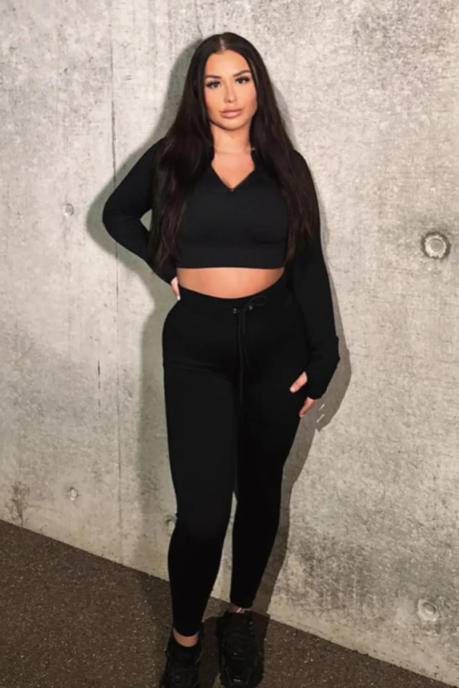 Rebellious Fashion Black Rib Knit Zip Front Crop Top & Leggings Set - Nico