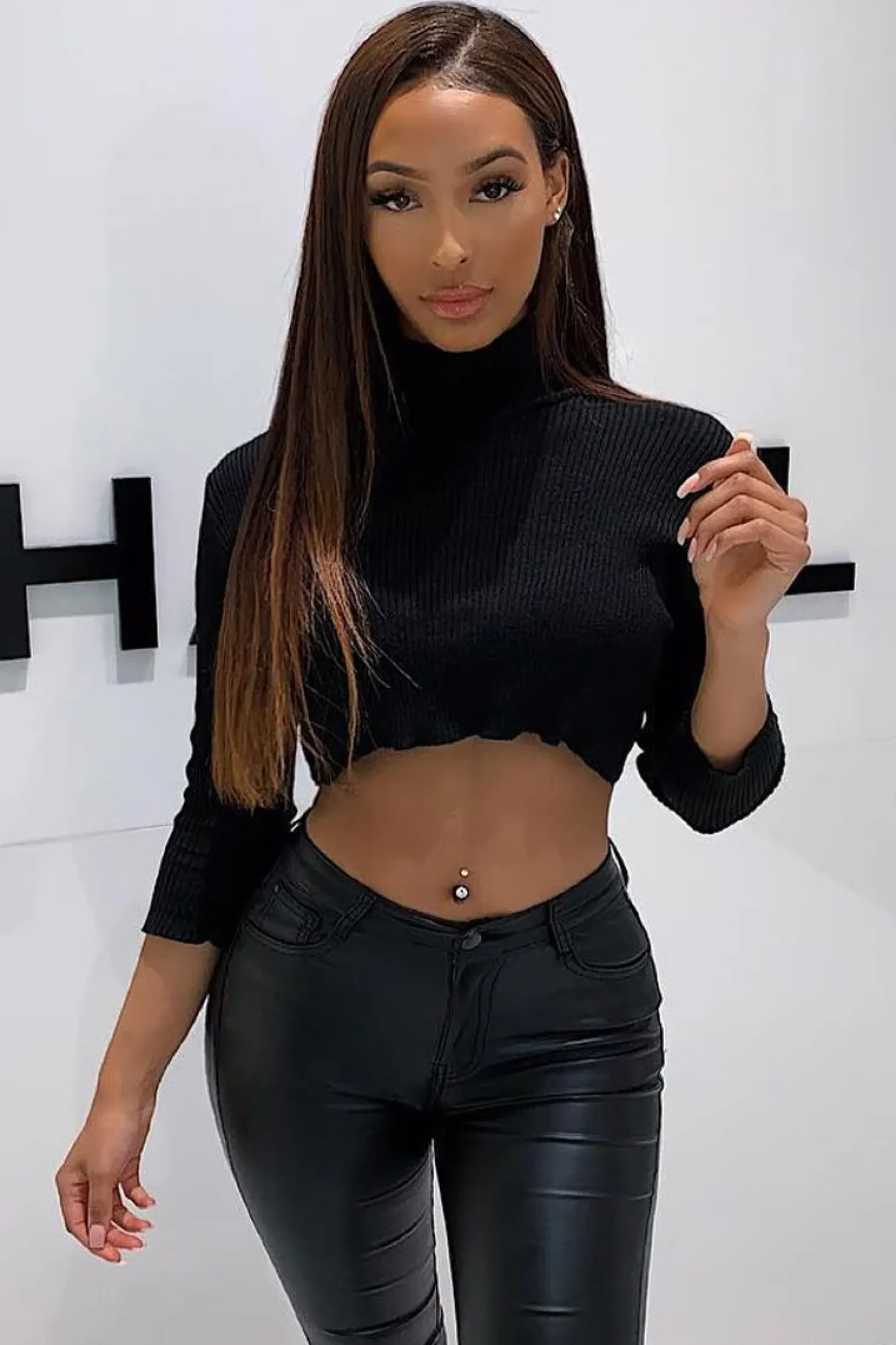 Rebellious Fashion Black Rib Roll Neck Crop Jumper - Hayvin