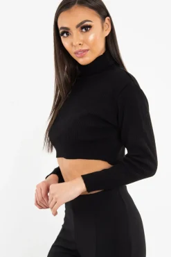 Rebellious Fashion Black Rib Roll Neck Crop Jumper - Hayvin