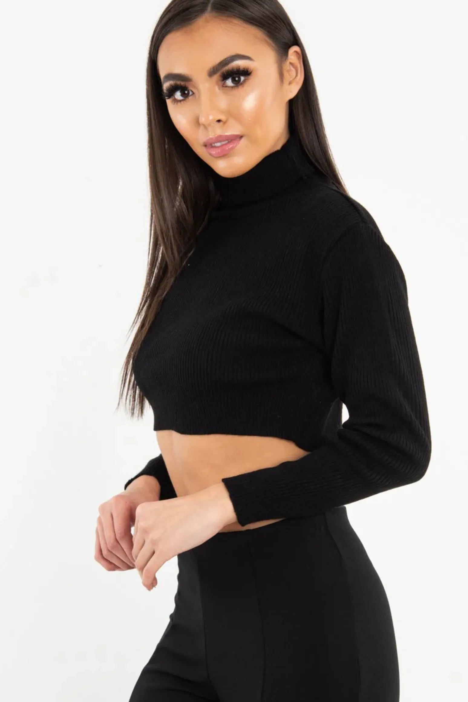 Rebellious Fashion Black Rib Roll Neck Crop Jumper - Hayvin