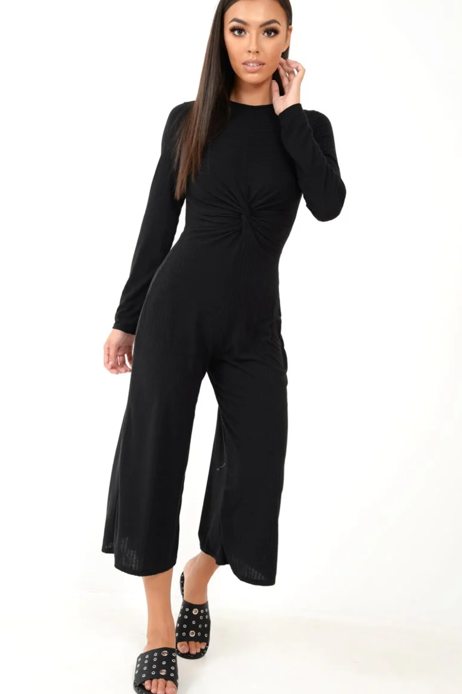 Rebellious Fashion Black Rib Twist Front Culotte Jumpsuit - Elexis