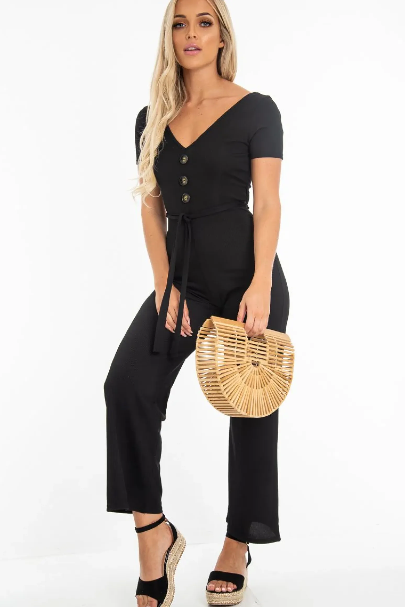 Rebellious Fashion Black Rib V Neck Button Front Jumpsuit - Cassandra