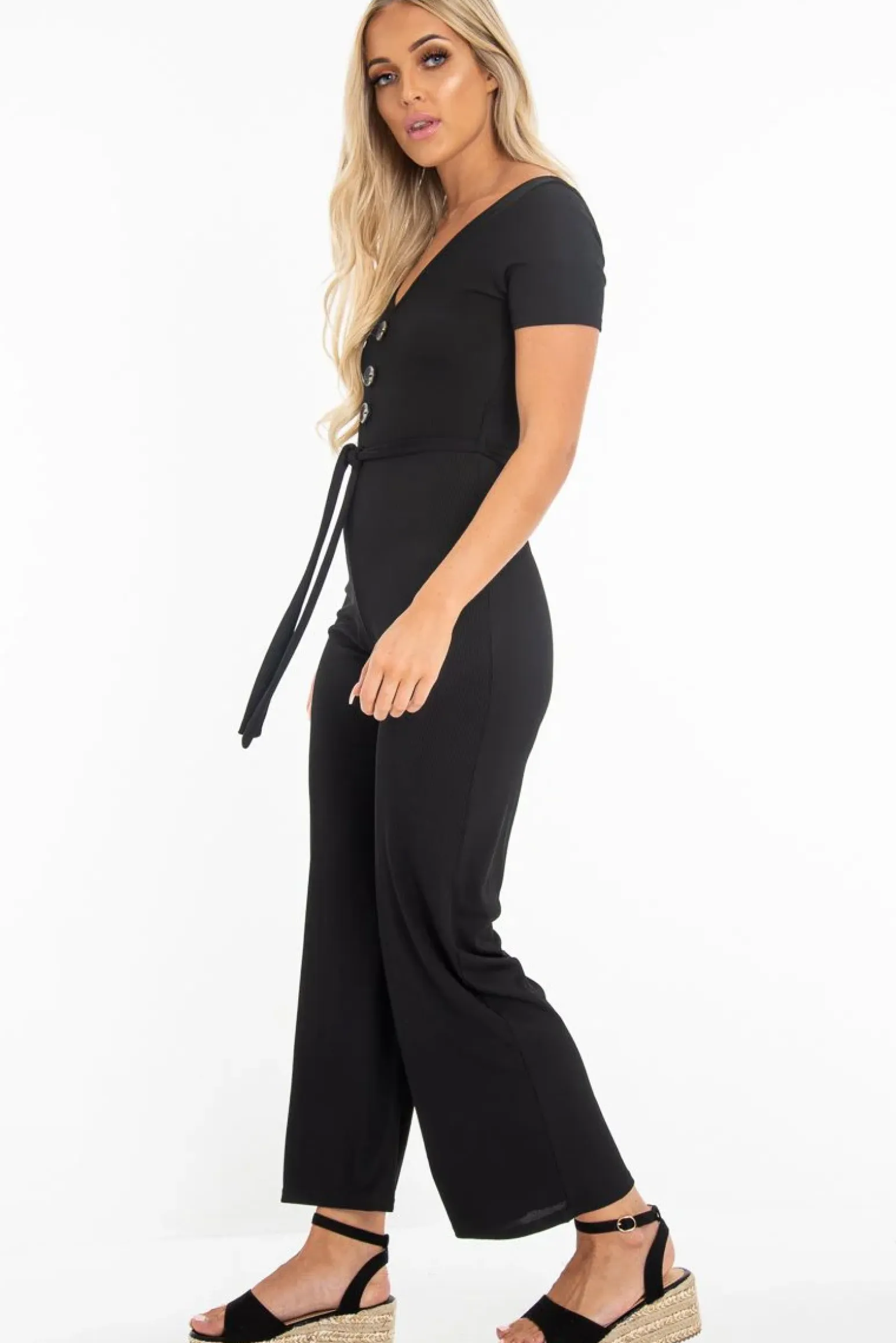Rebellious Fashion Black Rib V Neck Button Front Jumpsuit - Cassandra
