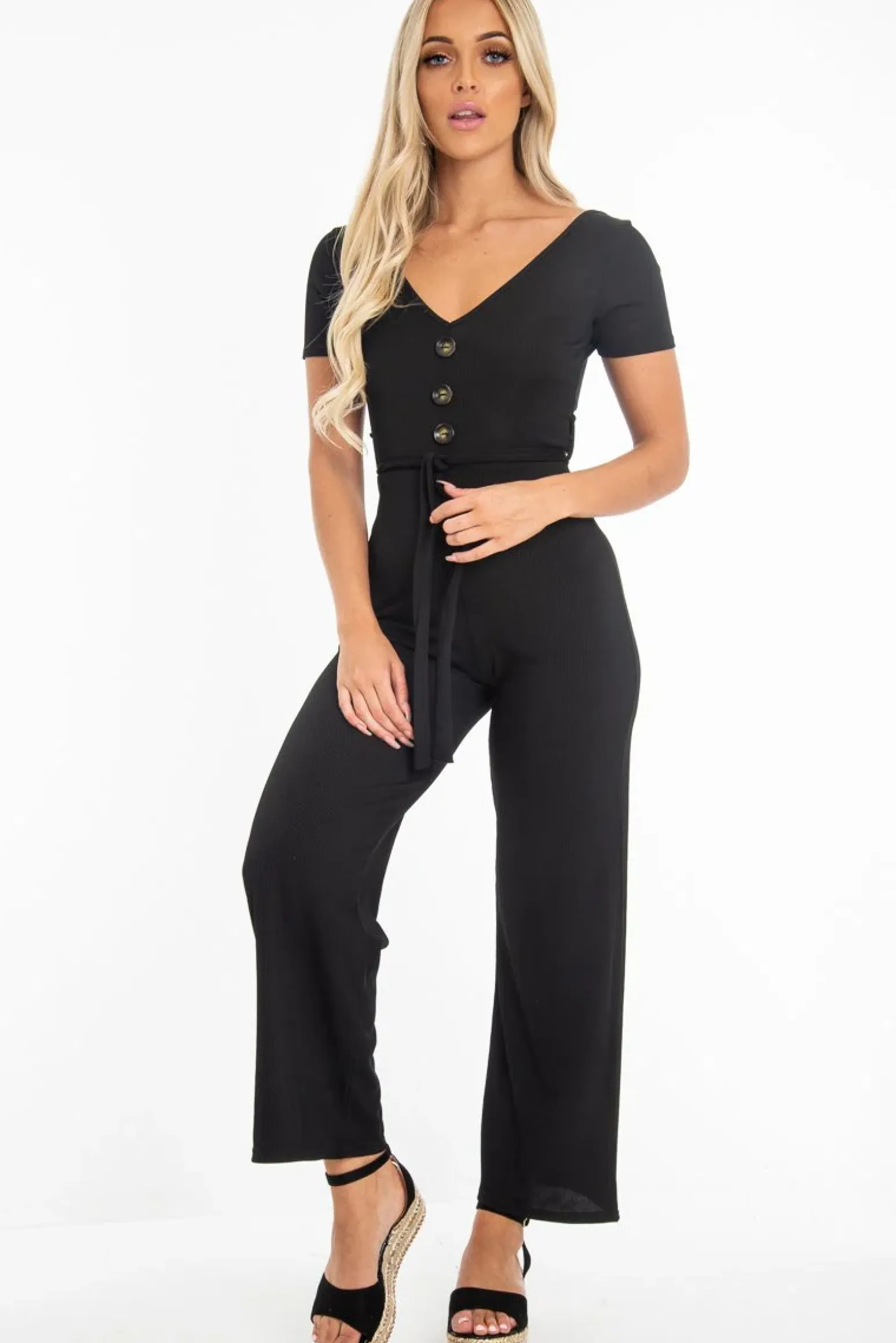 Rebellious Fashion Black Rib V Neck Button Front Jumpsuit - Cassandra
