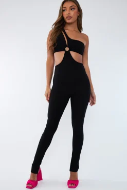 Rebellious Fashion Black Ring Detail Asymmetric Slit Hem Jumpsuit - Daphne