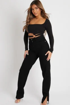 Rebellious Fashion Black Ring Detail Front Cut Out Bodysuit - Ryelee