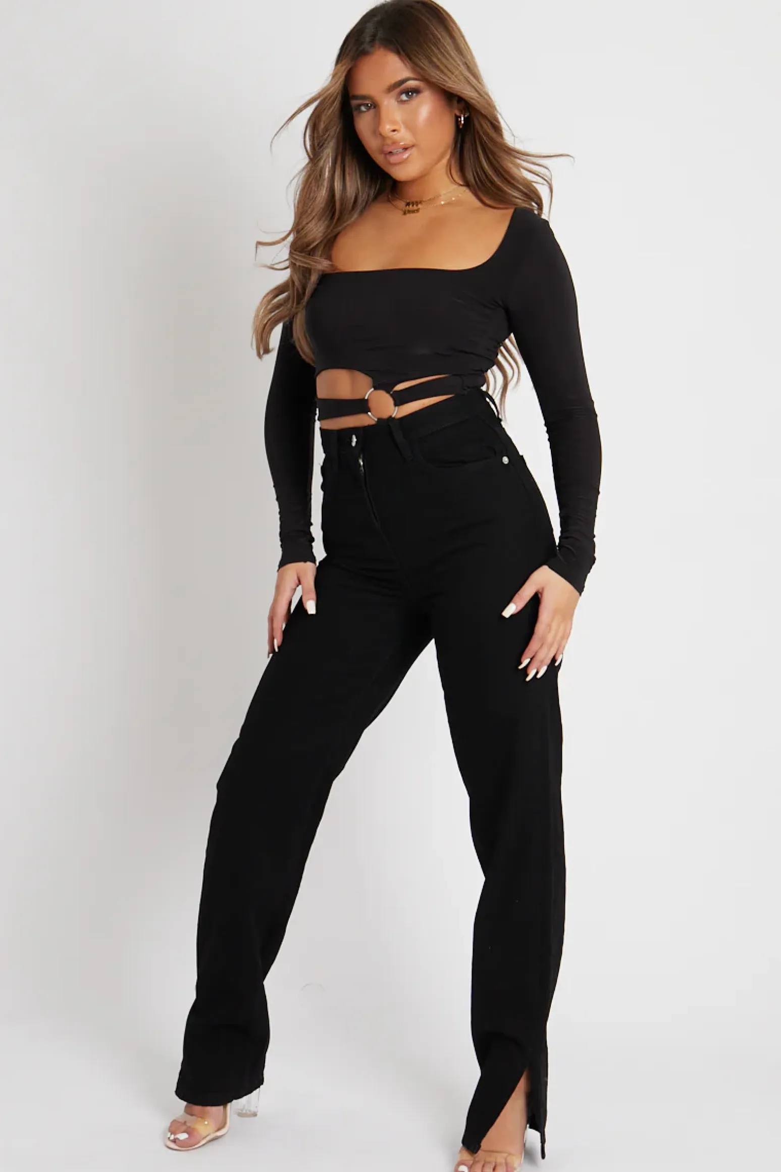 Rebellious Fashion Black Ring Detail Front Cut Out Bodysuit - Ryelee