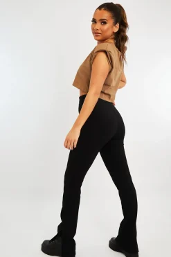 Rebellious Fashion Black Ring Zip Front Split Side Crepe Trousers - Ashton