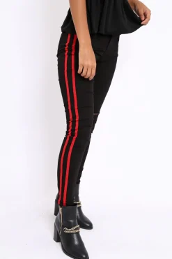 Rebellious Fashion Black Ripped Knee Red Stripe Skinny Jeans - Lucia