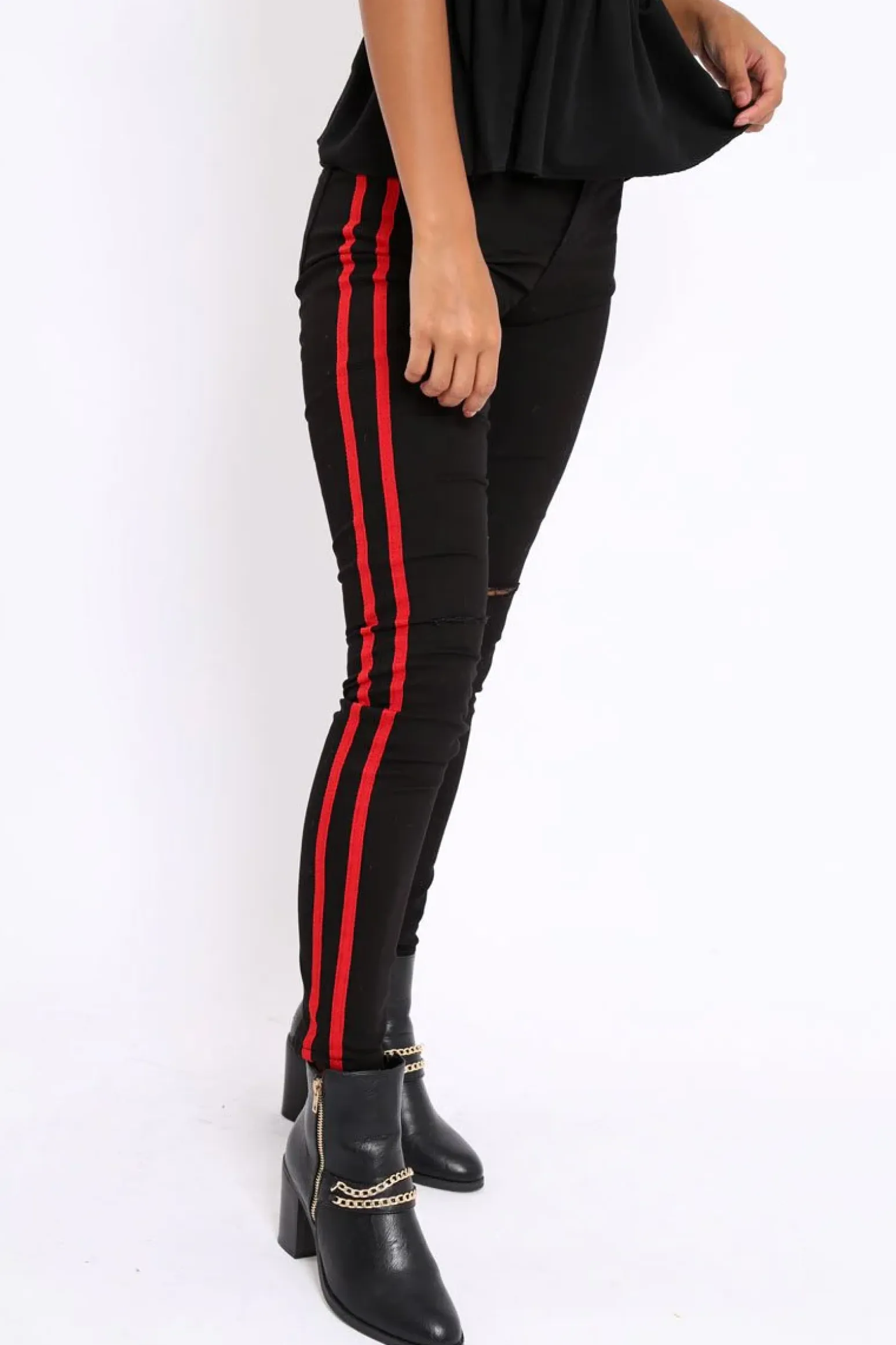 Rebellious Fashion Black Ripped Knee Red Stripe Skinny Jeans - Lucia
