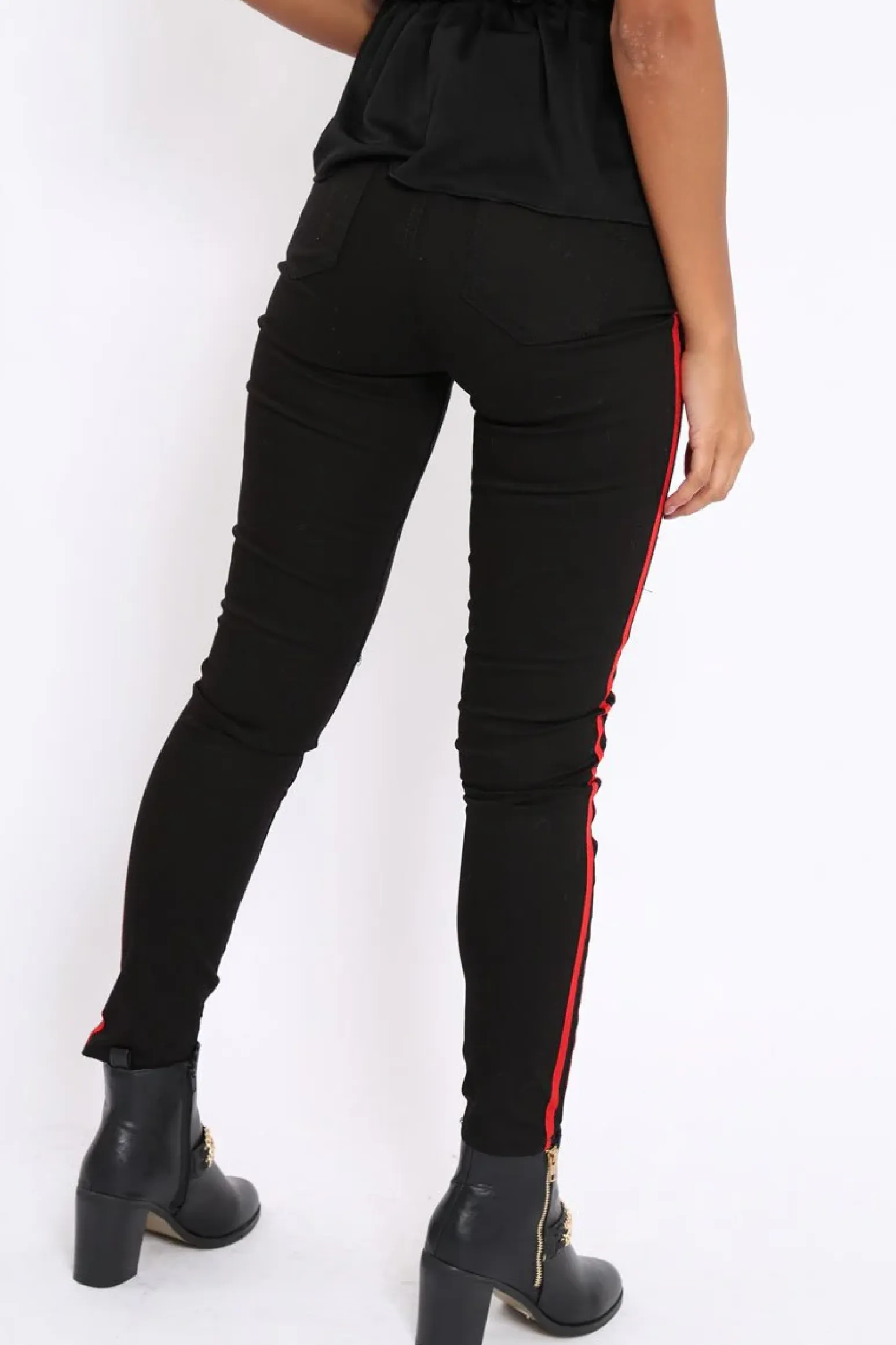 Rebellious Fashion Black Ripped Knee Red Stripe Skinny Jeans - Lucia