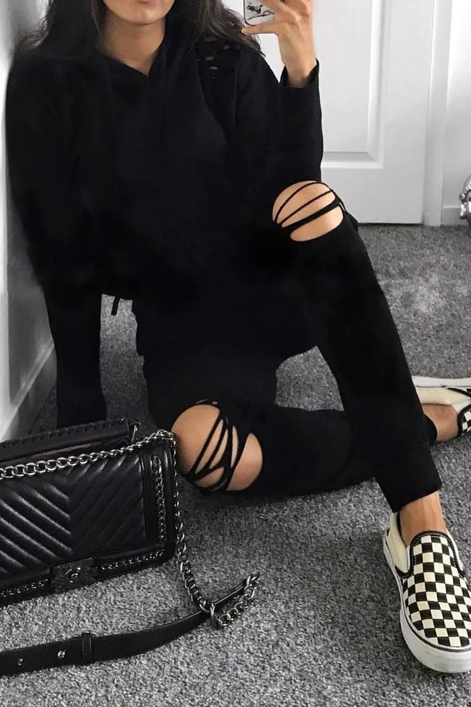 Rebellious Fashion Black Ripped Loungewear Set - Natalia