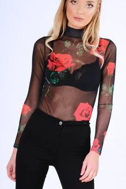 Rebellious Fashion Black Rose Print Sheer Mesh Long Sleeve Bodysuit - Maddie