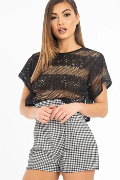 Rebellious Fashion Black Round Neck Crochet Crop Top - Lucindy