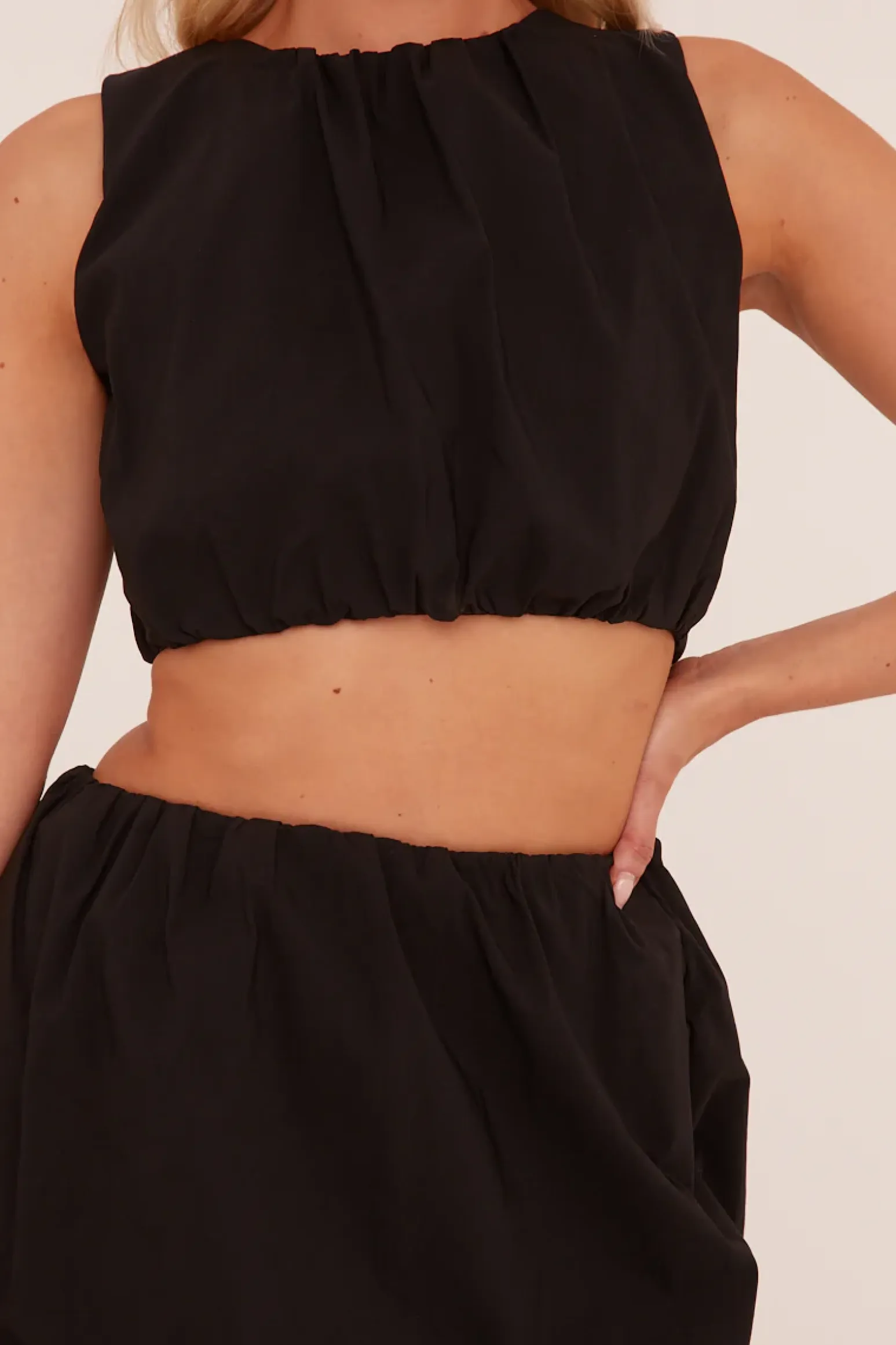 Rebellious Fashion Black Round Neck Puffball Top & Mini Skirt Co-ord Set - Calbi