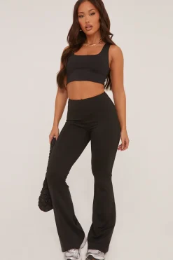Rebellious Fashion Black Ruched Back Flared Leg Trousers - Hazel
