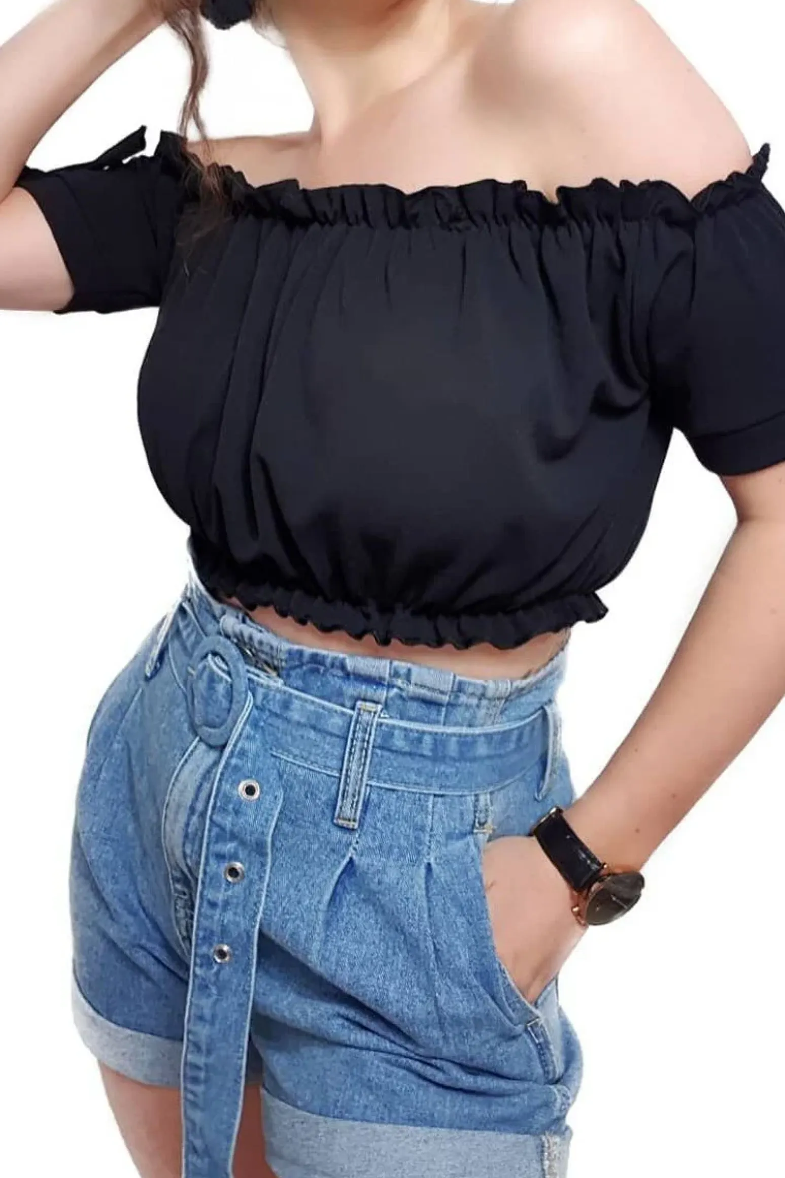 Rebellious Fashion Black Ruched Bardot Gypsy Crop Top - Janette