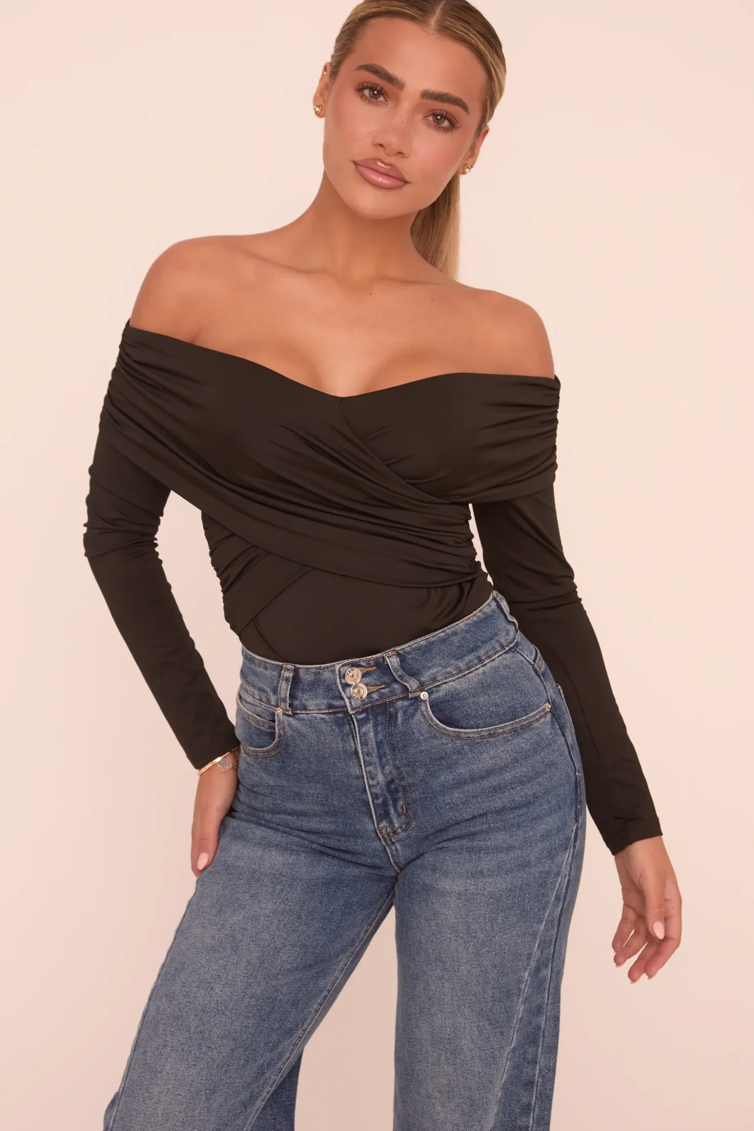 Rebellious Fashion Black Ruched Bardot Long Sleeves Bodysuit - Ines